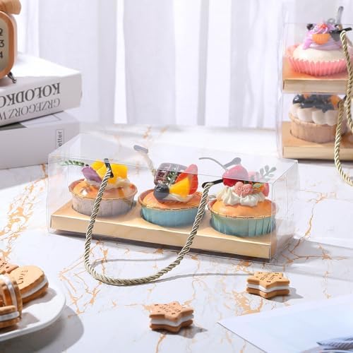 Thenshop 40 Pcs Clear Cupcake Boxes 9x3x3 in 3 Compartment Holder,Gold - Image 7