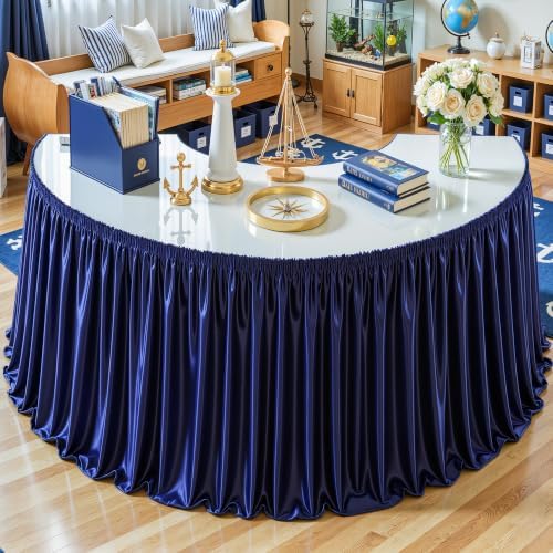 Wish Care 17ft Navy Blue Satin Long Table Skirt for Rectangle Tables Wrinkle Free Teacher Desk Skirt Glitter Ruffle Table Skirting Cloth for Back to School Classroom Office Birthday Party Table Decor by WishCare