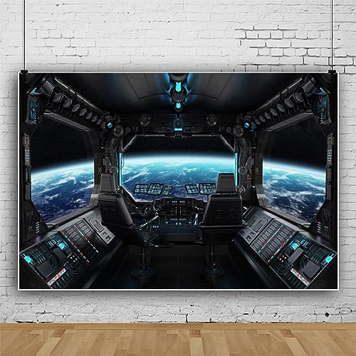 8x6ft Spaceship Station Interior Backdrop Outer Space Earth Futuristic Spacecraft Cabin Decorations Background Galaxy Universe Science Fiction Astronaut Adventure Birthday Banner Photo Booth - Image 2