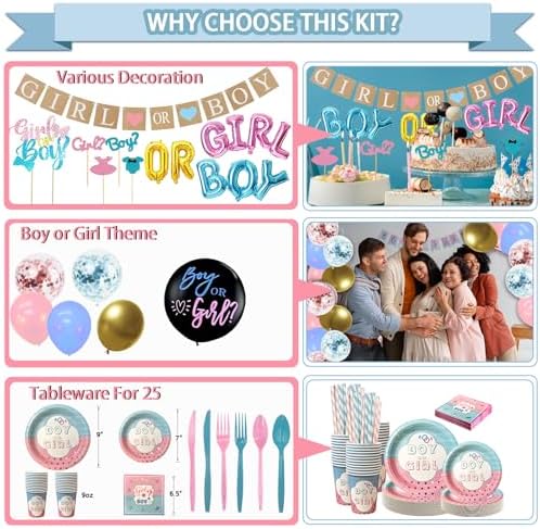 Guudmua 312 Pcs Gender Reveal Decorations, Baby Gender Reveal Party Supplies- Disposable Dinnerware Set With Pink and Blue (25 Guest), Boy or Girl Banner, Balloon, Sash, Cake Topper, Photo Props - Image 3