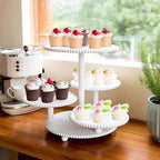 GENMOUS 2PCS 3 Tier and 4 Tier Beaded Cupcake Stand Set for Birthday Party Decor,Rustic Wooden Cupcake Tower Stands for 74 Cupcakes,White Cupcake Tiered Stand Display for Wedding Baby Shower Tea Party - Image 2