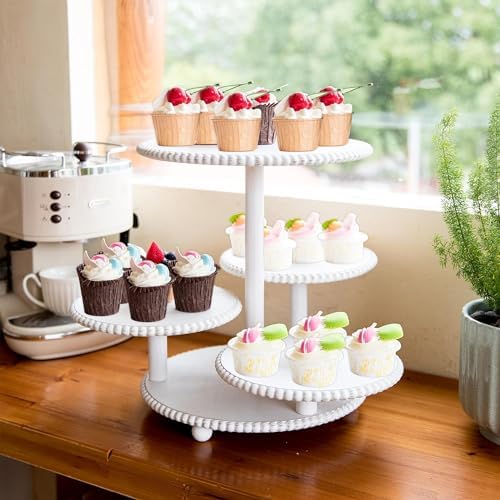 GENMOUS 2PCS 3 Tier and 4 Tier Beaded Cupcake Stand Set for Birthday Party Decor,Rustic Wooden Cupcake Tower Stands for 74 Cupcakes,White Cupcake Tiered Stand Display for Wedding Baby Shower Tea Party - Image 2