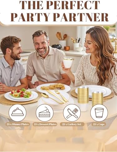 WDF 150Pcs White and Gold Plastic Plates - Gold Plates Disposable-25 Guest Disposable Dinnerware Include 25 Dinner Plate 25 Dessert Plate 25 Cutlery 25 9oz Cups for Wedding/Birthday/Thanksgiving - Image 5