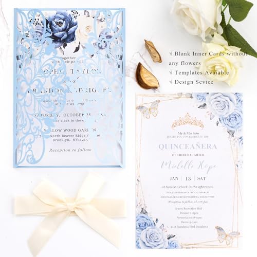 50pcs Light Blue Wedding Invitation Kit Laser Cut Invitations Pocket Card - Image 4
