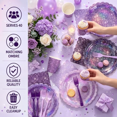 Purple Iridescent Party Tableware for 40 Guests, Holographic Paper Plates - Image 4