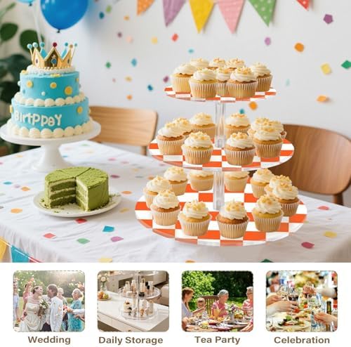 J JOYSAY Chess Checkerboard Orange White Pattern Acrylic Cupcake Stand 3 Tier Dessert Table Display Set Clear Cake Stands for Party Baby Shower Wedding Decorations Easy Assembly Macaron Tower - Image 7
