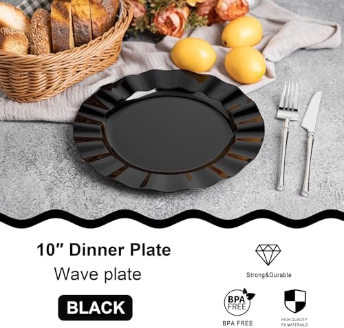 72 Pack Black Plastic Plates, 10" Disposable Wave Edge Dinner Plates - Image 2