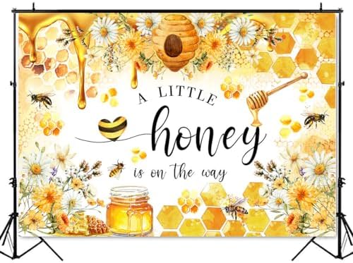 Mocsicka Bee Baby Shower Backdrop - A Little Honey is on The Way Party Decorations Banner for Kids Honeycomb Bumble Bee Photography Background (Yellow, 10x7ft(120"x82")) - Image 2