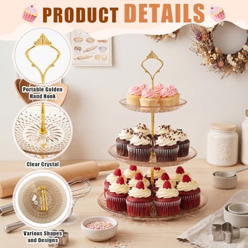 Patelai 8 Packs 3 Tier Acrylic Cake Stand with Round Holder 3 Tier Serving Tray Acrylic Crystal Cupcake Stand Holder for Home Wedding Birthday Baby Shower Tea Party Favors(Clear Amber, Golden Crown) - Image 4