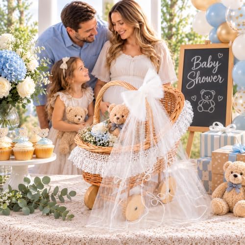 15.7 In Woven Rattan Stroller Shaped Flower Basket，Wicker Stroller Basket - Image 3