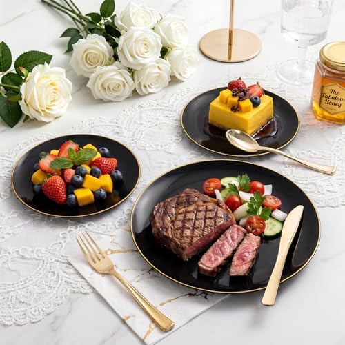 YOUBET 125PCS Black Plastic Plates with Gold Rim - Image 3