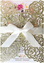 50PCS 5.12 x 7.28'' Champagne Wedding Invitations Cards Laser Cut Hollow Rose Flowers Pocket with bowknot for Bridal Shower Engagement Birthday Invite (Champagne Glitter) by KUCHYNEE