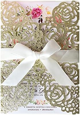 50PCS 5.12 x 7.28'' Champagne Wedding Invitations Cards Laser Cut Hollow Rose Flowers Pocket with bowknot for Bridal Shower Engagement Birthday Invite (Champagne Glitter) by KUCHYNEE