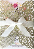 50PCS 5.12 x 7.28 Inch Personalized Champagne Wedding Invitations Cards Laser Cut Hollow Rose Flowers Pocket with bowknot for Bridal Shower Engagement Birthday Invite (Champagne Glitter) by KUCHYNEE