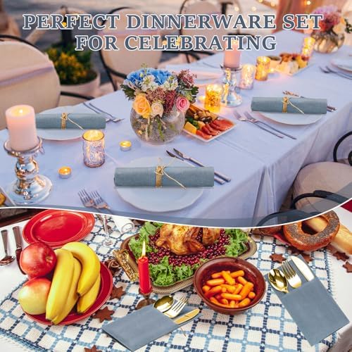 Gueevin 50 Set Linen Napkins with Plastic Cutlery Dusty Blue and Gold - Image 6