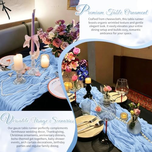 Light Blue Boho Cheesecloth Table Runner 12 Pack 17x108 Inch Sheer Gauze - Image 6