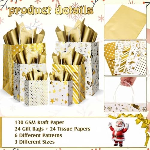 Humyoun 24 Pack Christmas Paper Gift Bags Bulk Assorted Sizes, White,Gold - Image 3