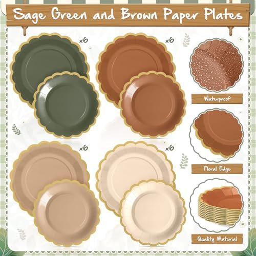 Mimorou 169 Pcs Sage Green and Brown Plates Napkins Cups Flatware Set - Image 4