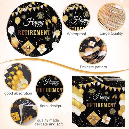 Funnymoom 452 Pcs Happy Retirement Party Decorations Men for 50 Guests, Black Gold Retirement Paper Plates and Napkins Cups Tablecloth Cutlery Straws Disposable Tableware Party Supplies for Men Women - Image 3