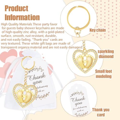 50Set Baby Foot Modeling Keychain with Organza Bags Thank You Tags, Wedding Party Favor Souvenir Gift for Guests - Image 3