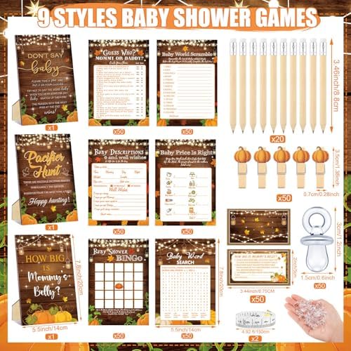 476 Pcs Fall Pumpkin Baby Shower Games, 8 Activities, Pacifier Hunt Games - Image 3