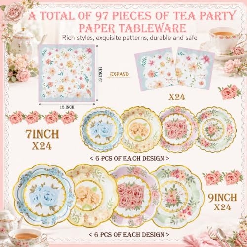 Yungyan 97 Pcs 24 Set Floral Tea Party Supplies, Tea Party Plates and Napkins Set with Tablecloth, Disposable Handle Teacups and Saucers for Birthday Wedding Bridal Shower Decorations (Sweet Style) - Image 2