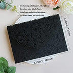 Hosmsua 5.12 x 7.2 50PCS Black Glitter Wedding Invitation Pocket with Envelopes, Laser Cut Lace Flora Invitation for Wedding Birthday Quinceanera Invite (No Inner Sheet) - Image 3
