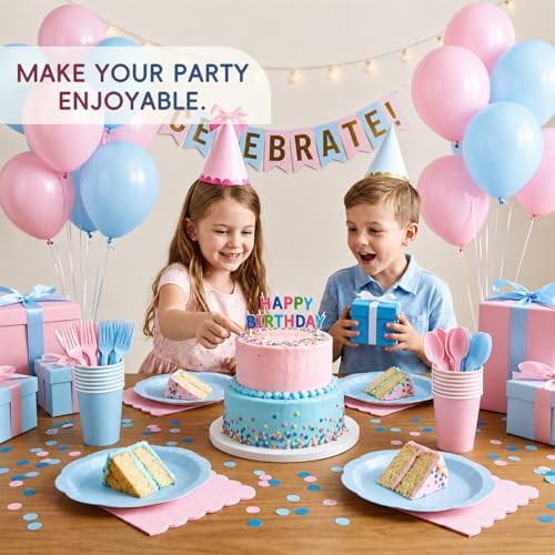 350 Pcs Gender Reveal Party Supplies for 50 Guests, Pink and Blue Paper Plates and Napkins Set with Cups, Knives, Forks & Spoons, Thickened Decagonal Plates for Baby Shower Boy or Girl Celebration - Image 2