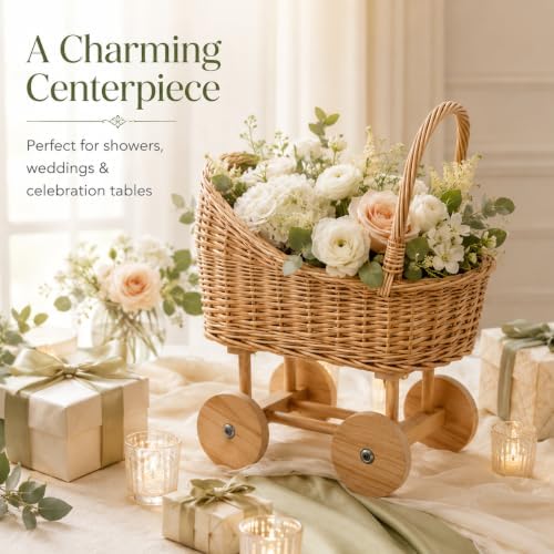 15 Inch Wicker Baby Carriage Basket, Vintage Rattan Stroller Flower Basket for Baby Shower Centerpiece, Woven Carriage Decor for Wedding, Nursery Display and Photography Prop (Large) - Image 2