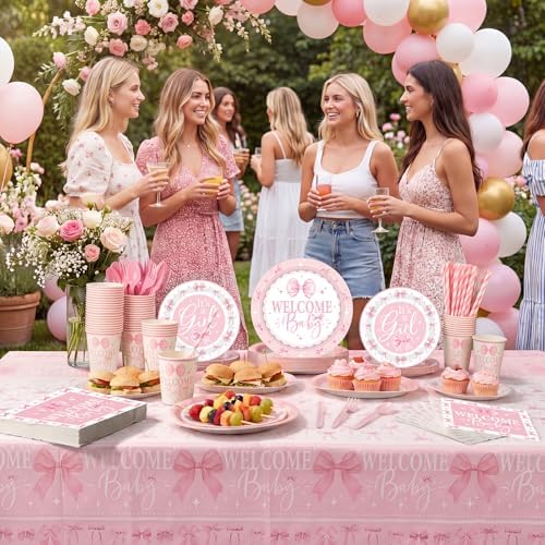 Ceenna 452 Pcs 50 Guests Pink Bow Baby Shower Decoration Girl, Pink Bow Welcome Baby Shower Plate Napkin Cup Tablecloth Cutlery Straw It's a Girl Disposable Tableware for Gender Reveal Party Supply - Image 5