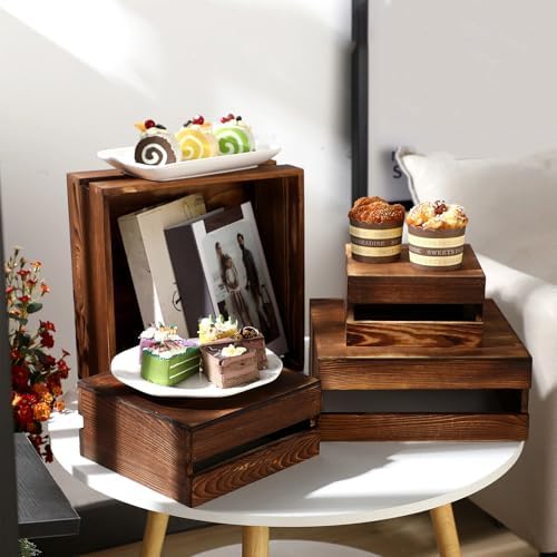 Sieral 4 Pcs Wood Cupcake Stand Dessert Risers for Party,Burnt Wood - Image 4