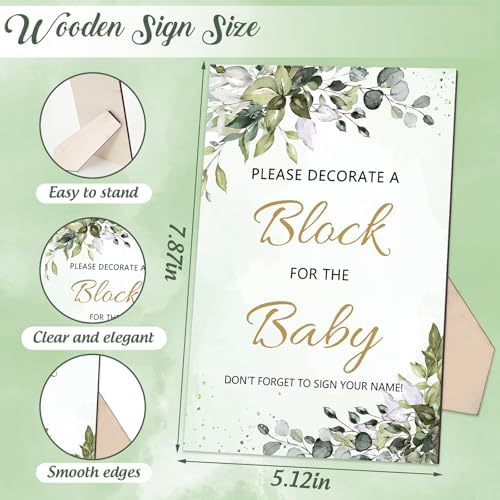 Whaline 74 Pcs Baby Shower Game Kits Watercolor Leaves Wooden Display Sign Storage Box Blank Building Blocks Colorful Markers for Birthday Party DIY Crafts Supplies - Image 2