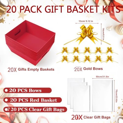 20 Pack Red Empty Gift Baskets for Filling, 10x8x3.5” Sturdy Red Kraft Paper Hampers with 20 Clear Bags and 20 Gold Bows, Bulk DIY Gift Basket Kit for Christmas, Valentine's Day, Wedding, Party - Image 4