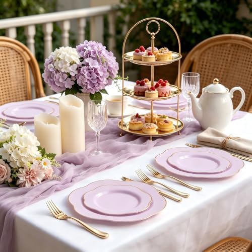 Liacere 50PCS Purple Plastic Plates-Heavy Duty Lavender Purple Disposable Plates-Purple Gold Plastic Plates-25PCS Purple Dinner Plates,25PCS Purple Dessert Plates for Party & Baby Shower ＆ Wedding - Image 2
