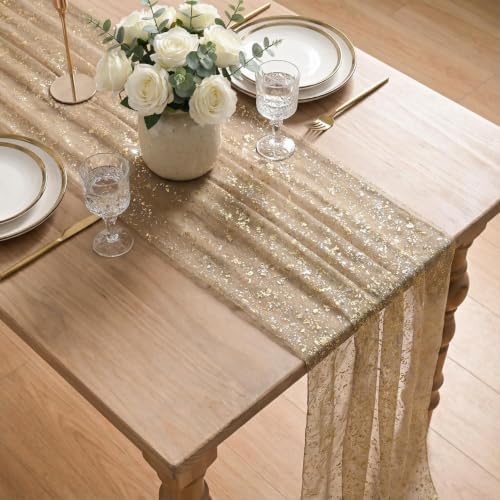 Artoid Mode 6PC Coffee Gold Gauze Table Runner 120 Inch 10FT, Glitter Metallic Foil Sheer Dining Wedding Anniversary Holiday Birthday Table Decor for Home Party - Image 4
