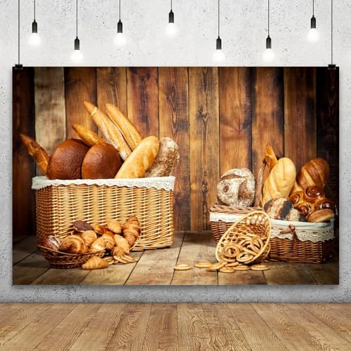 YongFoto Bakery Baking Backdrop 12x8ft Bread Basket Vintage Wood Wall Photography Background Baby Shower Birthday Party Banner Baby Baker Portrait Photoshoot Wallpaper Photo Studio Booth Props - Image 2