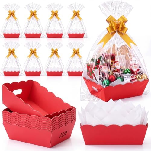 Fuyoooo 8 Pack Red Basket for Gifts Empty to Fill, 10" x 8" Thick Sturdy Kraft Scalloped Edge Gift Basket with Handle, 8 Wrap Bag 8 Bow 16 Tissue Paper for Christmas Wedding Birthday Wrapping Gift by Liraitoya