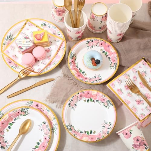 Ziliny 350 Pcs Floral Party Supplies Tableware Set Disposable 9'' 7'' Paper Plates 9 oz Cups Cutlery Napkins Dinnerware for Baby Shower Bridal Wedding 1st Birthday, Serve 50 (Floral, Rose Gold) - Image 5