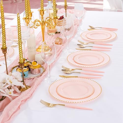 Supernal 102Pcs Gold Disposable Utensils with Pink Handle for Wedding Party - Image 5