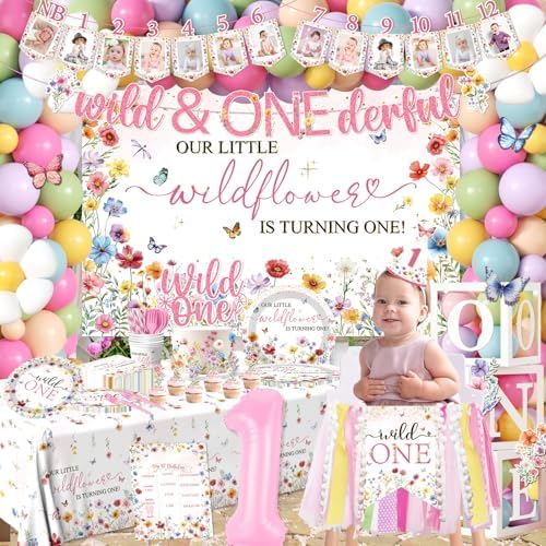 Wildflower First Birthday Decorations,295pcs wild One Birthday Decorations Girl Floral Plates and Napkins Cups Tablecloth Banner Backdrop for Our Little Wildflower Is Turning One Party - Image 2
