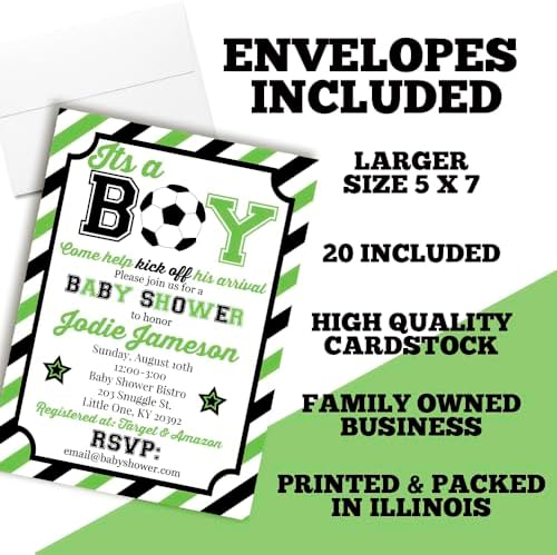 Amanda Creation Custom Baby Shower Invites Soccer Baby Shower Invitation 20 5x7 Custom Personalized Green Soccer Ball Invites With Envelopes - Image 6