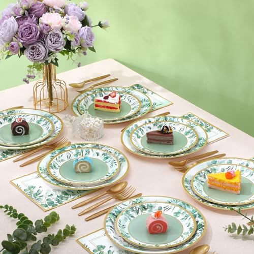 Ziliny 350 Pcs Sage Green Party Supplies Serves 50 Disposable Eucalyptus Paper Plates Napkins Cups Plastic Cutlery Tableware Set for Wedding Birthday Bridal Shower Tea Party Decoration - Image 5