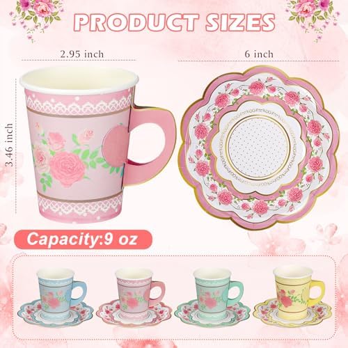 FillTouch 100 Sets Floral Paper Tea Cups and Saucers Disposable Paper Tea Party Supplies 9 oz Cups with Handle and Saucer for Birthday Wedding Party Decorations (Classic Style) - Image 2