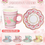 FillTouch 200 Sets Floral Paper Tea Cups and Saucers Disposable Paper Tea Party Supplies 9 oz Cups with Handle and Saucer for Birthday Wedding Party Decorations (Classic Style) - Image 3