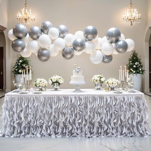 Wish Care 17ft Silver Sequin Table Skirt for Rectangle Tables Glitter Fringe Tutu Skirts Ruffle Tablecloth Teacher Desk Skirt for Wedding Birthday Baby Shower Theme Party Banquet Table Decorations - Image 2