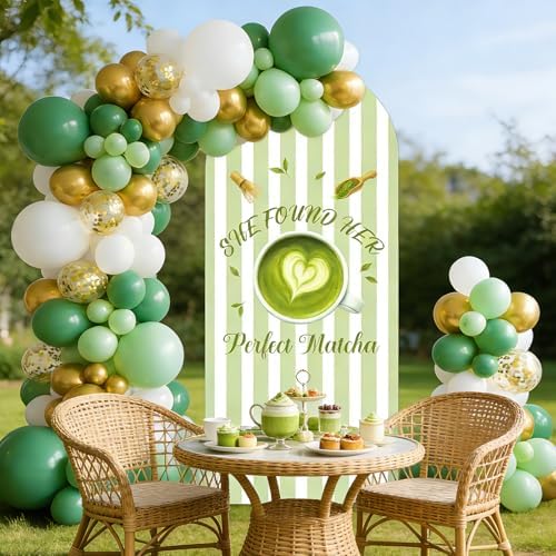 She Found Her Perfect Match Bachelorette Arch Backdrop Cover Tea Matcha Themed Party Decorations Green 6ft Balloon Arch Stand Backdrop for Women Match Made in Heaven Bridal Shower Engagement Supplies - Image 2