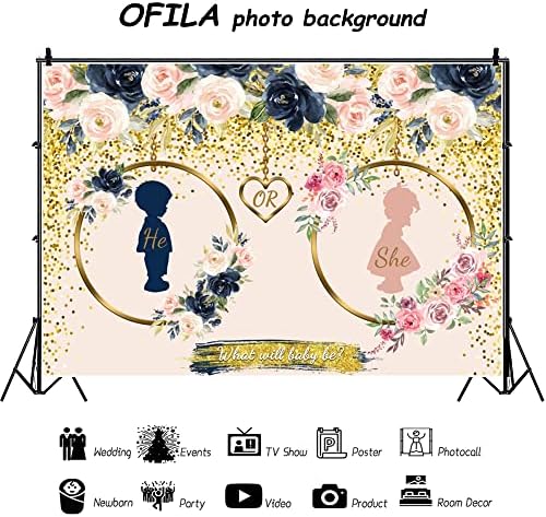 Gender Reveal Backdrop 12x8ft Navy and Blush Flower Gold Dots Photography Backdrop He or She What Will Baby Be Gender Reveal Party Backdrop Kids Newborn Portrait Photo Backdrop - Image 5