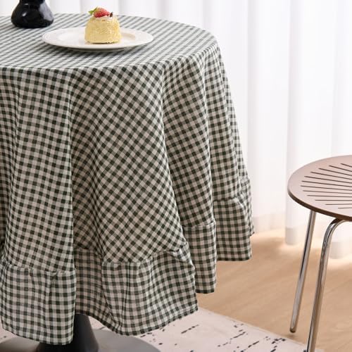 vctops Farmhouse Green Plaid Ruffle Table Cloth, Boho Cotton Linen Tablecloth, Washable Table Cover for Round Table Baby Shower Kitchen Party Wedding Decor (Grey Green,70") - Image 4