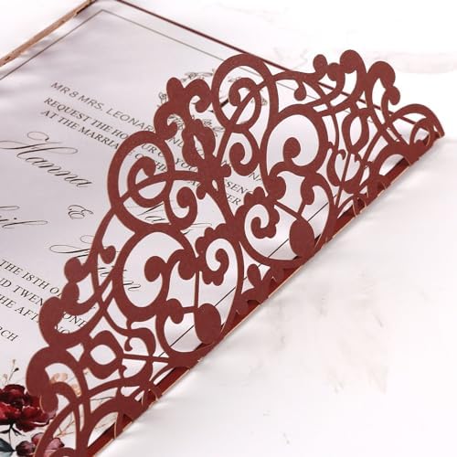 50pcs Blank Burgundy Wedding Invitation Cards Pocket with Envelope - Image 6