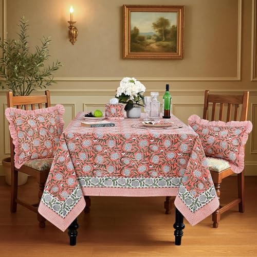 Ridhi Dark Salmon Pink Hand Block Print Cotton Tablecloth 190 x 72 Inch - Image 2